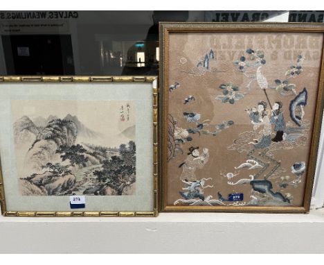 A Chinese silkwork embroidery 18' x 14½'; together with a Chinese landscape coloured print