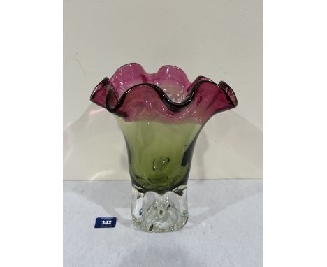 A ruby flashed green and clear glass studio vase. 11' high