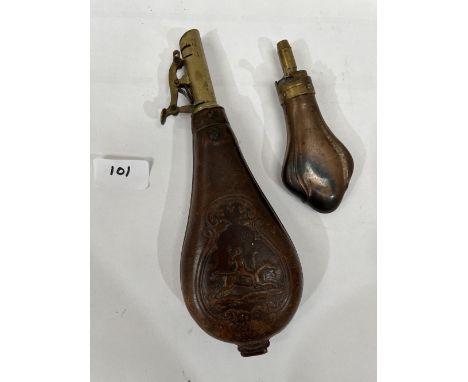 A 19th century leather and brass powder flask, embossed with a hunting scene, by C + J.W. Hawksley, Sheffield. c. 1860, 8½' l