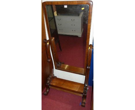 A mid-Victorian mahogany cheval mirror, the stand with scrolled supports, the mirror plate 117 x 61cmColour is good. Several 