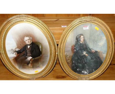 A pair of late Victorian portrait watercolours on milk glass, each framed as ovals, 38 x 28cmPicture of lady has part losses 