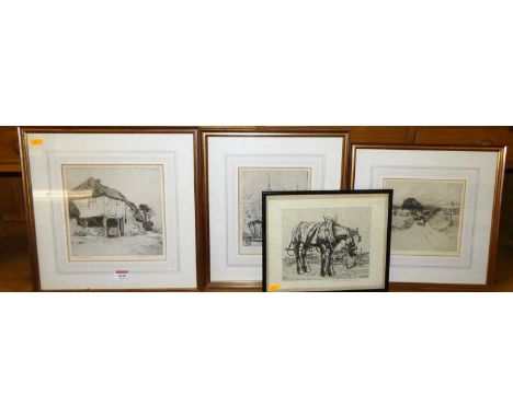 E M Wilson - A timbered barn, etching, signed and dedicated to Mary Sloane in pencil to the margin, 20 x 20cm; together with 