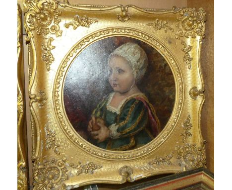 19th century English school - Half-length portrait of a child holding an apple, oil on canvas, framed as a circle, dia.24cm