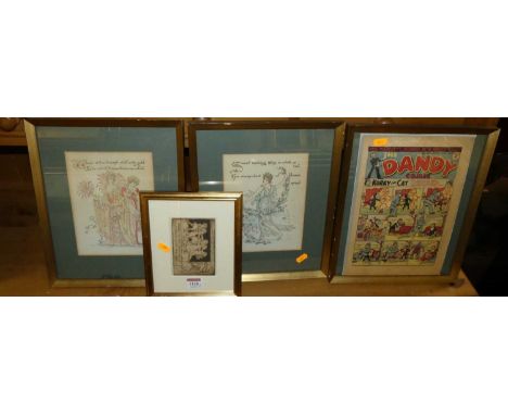 Dandy Comic cover, issue No. 341, April 1947, set of three Fairyland prints and a continental etching (5)