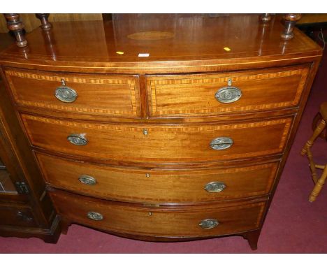 A mid-19th century mahogany, satinwood inlaid and further strung bowfront chest of two short over three long graduated drawer