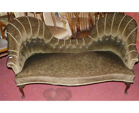 A late Victorian ebonised framed and buttoned upholstered twin humpback sofa, width 165cm