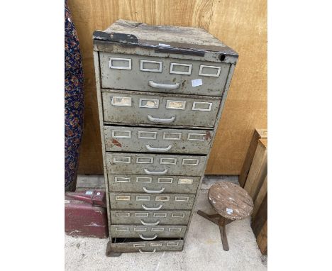 A LARGE VINTAGE METAL NINE DRAWER STORAGE CHEST 