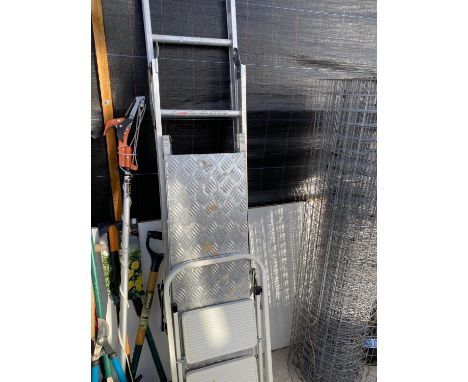 A SET OF ALUMINIUM LADDERS, A PLATFORM AND A FURTHER TWO RUNG STEP LADDER 