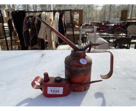 TWO VINTAGE PUMP ACTION OIL CANS TO INCLUDE A 'SUTCLIFFE' 