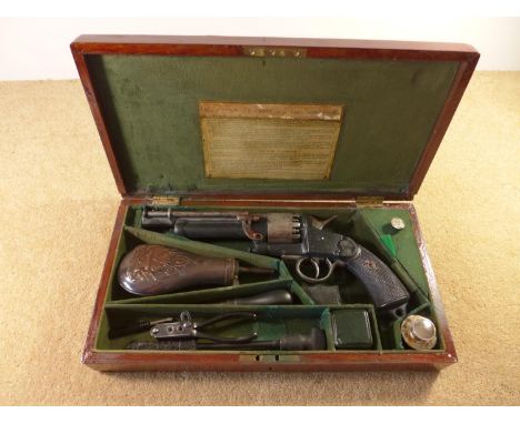 A CASED DENIX REPLICA NONFIRING LE-MAT U.S. CIVIL WAR PISTOL, THE CASE WITH BULLET MOULD, POWDER FLASK ETC 
