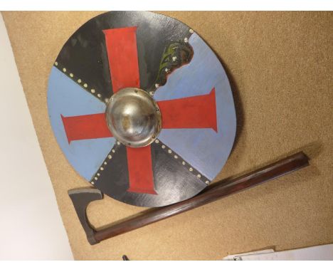 AN ANGLO SAXON RE-ENACTMENT PAINTED WOOD SHIELD AND AXE (2) 