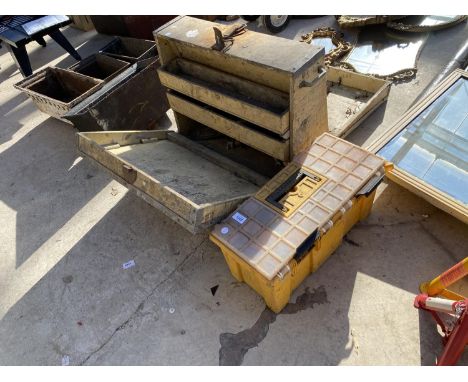 A VINTAGE WOODEN PLUMBERS CHEST AND A FURTHER TOOL BOX WITH HAND TOOLS 