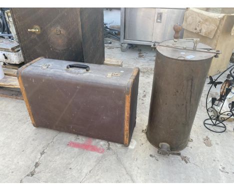 A VINTAGE HONEY EXTRACTOR AND A VINTAGE SUITCASE 