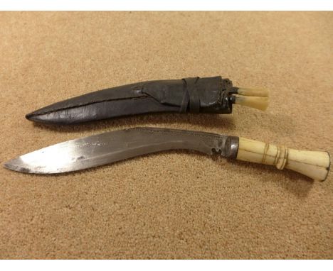 A BONE HANDLED KUKRI KNIFE, 23CM BLADE, WITH SCABBARD AND KARDA KNIVES 