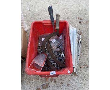 AN ASSORTMENT OF HARDWARE TO INCLUDE TWO VINTAGE SYTHES 