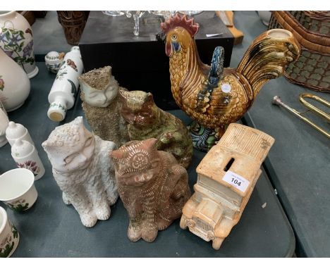 A VARIETY OF CERAMIC ORNAMENTS TO INCLUDE 4 CATS AND A COCKEREL 