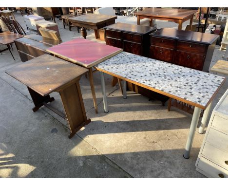 A FORMICA TOP TABLE, TILE TOP TABLE AND OAK OCCASIONAL TABLE 