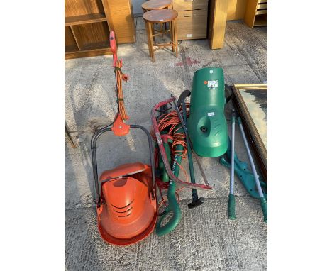 AN ASSORTMENT OIF GARDEN TOOLS TO INCLUDE A BLACK AND DECKER SHREDDER, A FLYMO AND ELECTRIC HEDGE CUTTER ETC 
