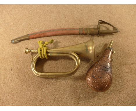 A BRASS BUGLE, COPPER POWDERFLASK AND AN INDIAN KNIFE (3) 