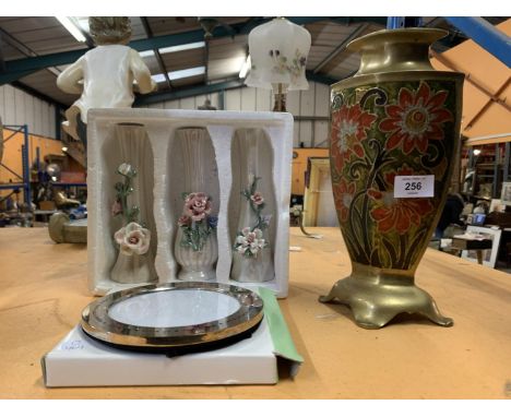 AN ASSORTMENT OF ITEMS TO INCLUDE FLORAL DECORATED BRASS VASE, PHOTO FRAME AND THREE CERAMIC VASES 