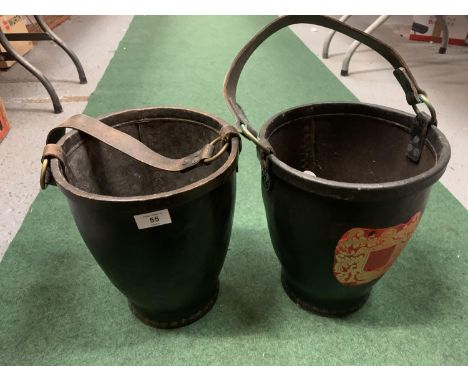 A PAIR OF VINTAGE LEATHER HORSE BUCKETS WITH STRAPS 