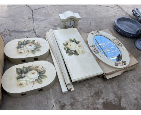 A LARGE ASSORTMENT OF BEDROOM ITEMS TO INCLUDE JEWELLERY BOXES, A MIRROR AND A MANTEL CLOCK ETC 