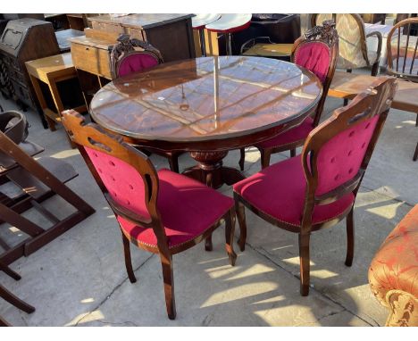 AN ITALIAN STYLE DINING TABLE, 47" DIAMETER AND FOUR BUTTON-BACK CHAIRS 