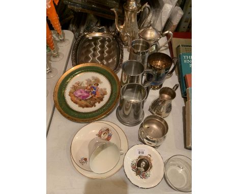AN ASSORTMENT OF SILVER PLATE ITEMS TO INCLUDE A TEAPOT AND COFFEE POT AND SOME COMMEMORATIVE CERAMICS 