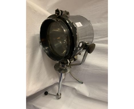 A MID TWENTIETH CENTURY CHROME PLATED NAUTICAL SEARCH LIGHT - 71CM LONG 22CM DIAMETER 