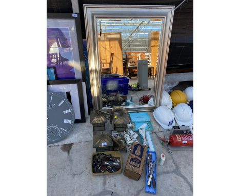 AN ASSORTMENT OF VINTAGE ITEMS TO INCLUDE THREE LANTERNS, FLATWARE AND SMALL SIGNS ETC 