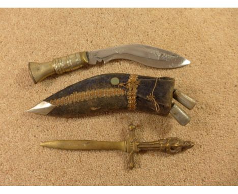 A KUKRI KNIFE, 14CM BLADE, SCABBARD AND A BRASS KNIFE (2) 