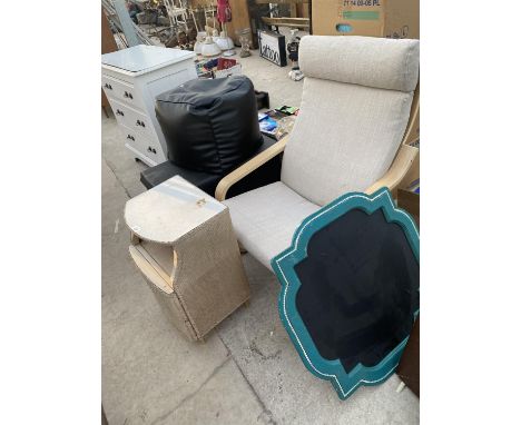 A POUFFE, IKEA CHAIR, OTTOMAN AND BEDSIDE LOCKER 