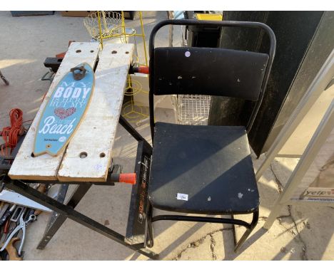 AN ASSORTMENT OF ITEMS TO INCLUDE A VINTAGE CHAIR, A WORKMATE BENCH AND A BEACH SIGN 