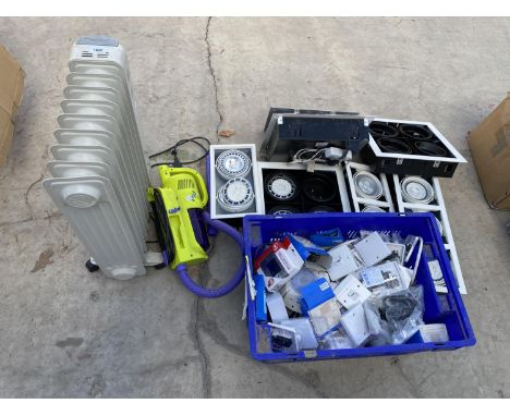 AN ASSORTMENT OF ITEMS TO INCLUDE LIGHT SWITCHES, LIGHTING RIGS AND A HEATER ETC 