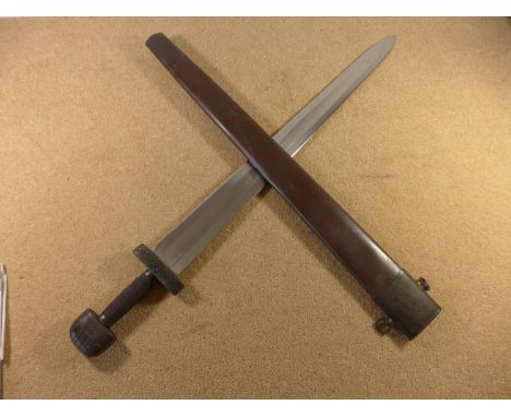 A SUBSTANTIAL ANGLO SAXON RE-ENACTMENT SWORD, LENGTH OF BLADE 76CM, WITH SCABBARD 