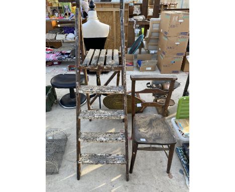 A VINTAGE WOODEN STEP LADDER AND A FURTHER WOODEN CHAIR 