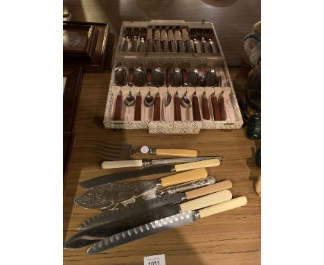 A CANTEEN OF WOODEN HANDLED CUTLERY AND FURTHER KITCHEN KNIVES TO INCLUDE A LARGE FISH KNIFE AND FORK 
