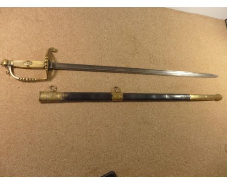 A NAVAL SWORD OF UNKNOWN AGE, THE GRIP DECORATED WITH AN ANCHOR, COMPLETE WITH SCABBARD 