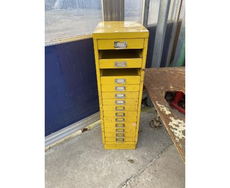 A VINTAGE METAL 15 DRAWER STORAGE UNIT(MISSING TWO DRAWERS) 