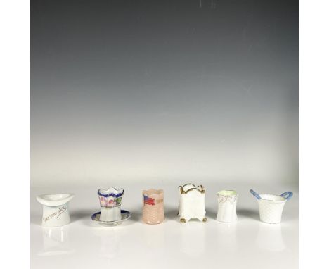 Set of six toothpick holders, featuring various shapes and colors. Hat shaped one from Made in Germany mark, tulip shaped one