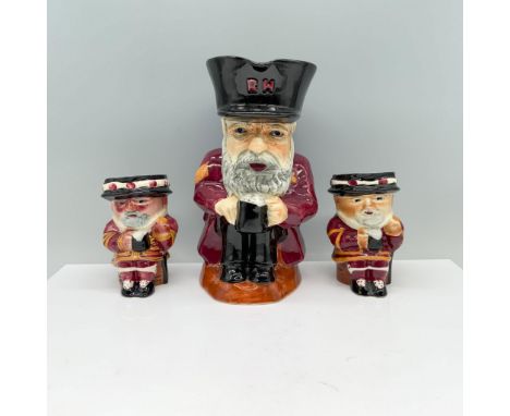 3 jugs featuring a Chelsea Pensioner and two Beefeaters dressed in red and yellow outfits, each holding a mug in front of the