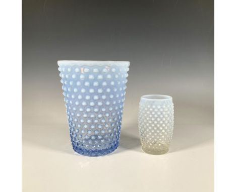 Mid century dazzling set consisting of a vase with an ombre blue hue and an opalescent flat tumbler. Tallest item: 6"W x 8"H.