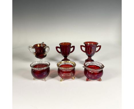 Set featuring three pot shaped and three urn shaped ruby colored flash glass toothpick holders. Dimensions of the largest ite