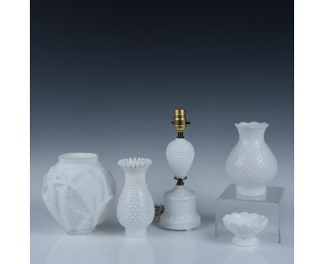 Features an electric lamp with chord and two lamp shades, all with hobnail designs. Also included is one lamp shade with a mo