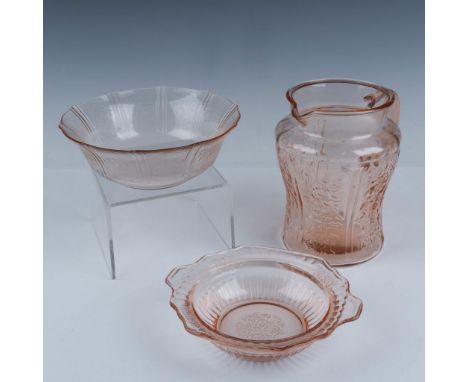 Soft pink coloration on Sharon Cabbage Rose water pitcher (7.5"L x 6.5"W x 8.25"H); small rimmed pink Mayfair bowl (8"L x 7"W
