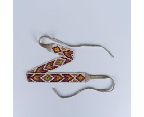 Beautiful hand woven bead hairband with soft leather tie ends to secure it. Dimensions: 42"L x 1.25"WCountry of Origin: Unite