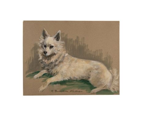 This large original watercolor and crayon on grey paper depicts a white Spitz dog that Austrian illustrator Gertrud Purtscher