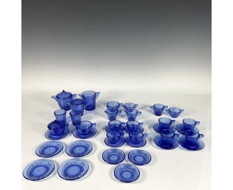 Art deco style blue glass mini tableware set with various patterns, including three tea pots with two lids, four creamers, tw