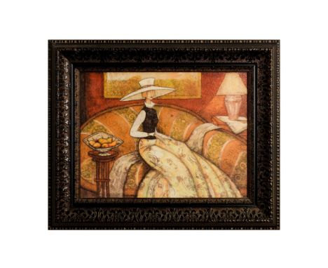 One of the two part Sitting Lady series. Textured print on plastic featuring an abstracted woman wearing a white hat sitting 