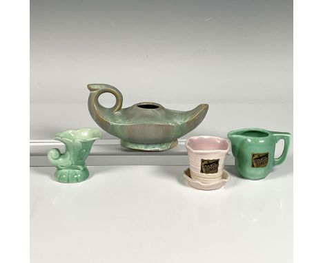 This adorable collection includes a miniature green glossy pitcher, a pink glossy planter, a green glossy horn, and a matte g